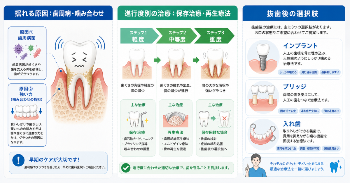 奥歯がグラグラ揺れる原因は？歯を残すための進行度別治療と選択肢