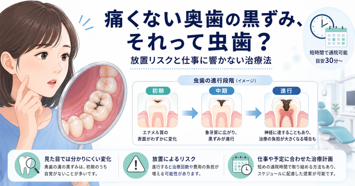 痛くない奥歯の黒ずみはむし歯？放置リスクと仕事に響かない治療法