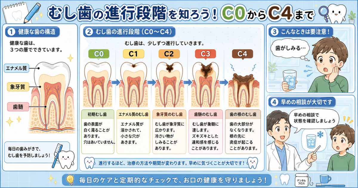 冷たいものがしみる？むし歯の進行段階C0〜C4と発生メカニズム